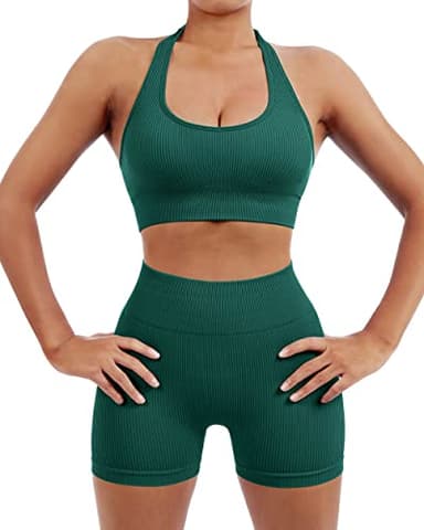 SUUKSESS Women Two Piece Seamless Ribbed Workout Sets Outfits Backless Halter Sports Bra Booty Biker Shorts (Dark Green, S) - Image 5