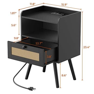SUPERJARE Nightstands with Charging Station, Bedside Table Set of 2 with PE Rattan Drawers, Rattan Side Table with Storage & Solid Wood Feet, End Table for Bedroom, Black - Image 3