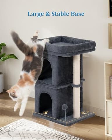 Aechonow 24in Cat Tree Tower with Scratching Post, 19 * 16.5in Window Perch Bed for Large Adult Cats, 2 Small Condo Cubbies for Indoor Kittens, Dark Gray - Image 7