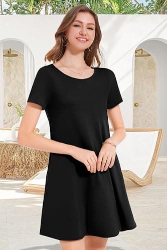 elescat Fall Dresses for Women Casual with Pockets Summer Mini Beach Sundress Short Sleeve Loose Fit(Black,XL) - Image 2