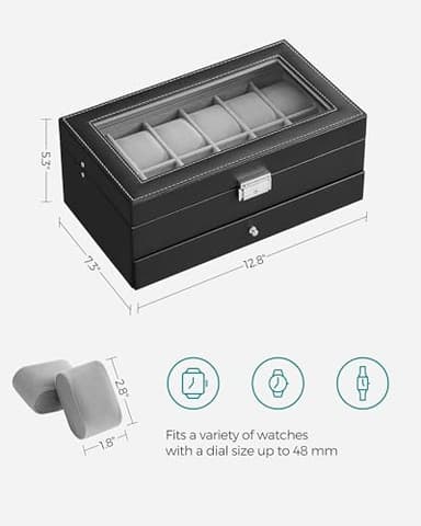 SONGMICS Watch Box, 12-Slot Watch Case Organizer with Large Glass Lid, 2 Layers, Removable Pillows, Metal Lock, Gift for Loved Ones, Black Synthetic Leather, Gray Lining UJWB012 - Image 6