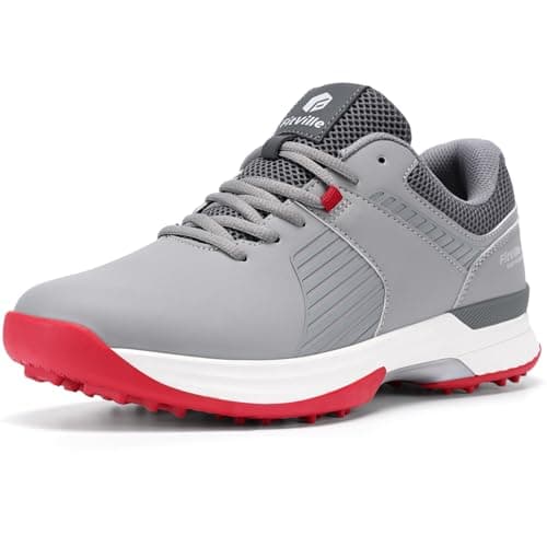 FitVille Extra Wide Men's Golf Shoes Waterproof, Professional Outdoor Spiked Golf Shoes for Men with Arch Support(Gray/Red, 9 X-Wide) - Image 1