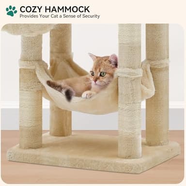 YITAHOME 44in Multi-Level Cat Tree for Indoor Kittens, Cat Furniture with Scratch Posts, Window Padded Plush Perch, Comfortable Hammock, and Interactive Pompoms, Beige - Image 4