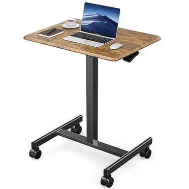 DUMOS Small Standing Desk Mobile Portable Rolling Laptop PC Table on Wheels Adjustable Height Computer Workstation for Home Office, 19 Inch, Brown - Image 1