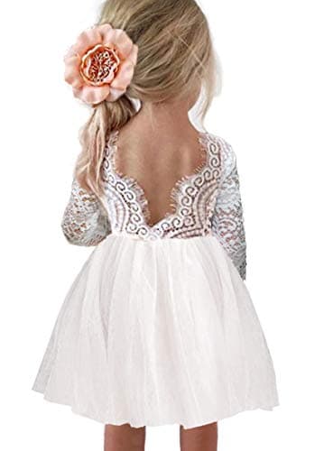 Girl Toddler Full-Length Straight Tulle Tutu Lace Back Party Flower Girl Dress (6-7 Year, White Short) - Image 1