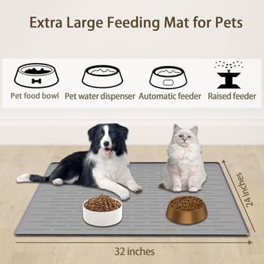Extra Large Pet Food Mat for Dogs, 32''x24'' Waterproof Dog Feeding Mat, Non-Slip Silicone Dog Bowl Mat for Floors, Easy Clean Pet Water Mat Tray (Dark Gray) - Image 2