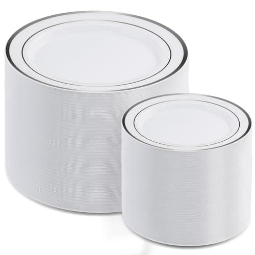AOZITA 200Pcs Silver Plastic Plates, Disposable Plastic Party Plates for Party, Wedding and Birthday - Image 1