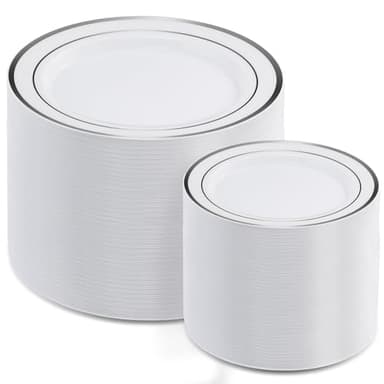 AOZITA 200Pcs Silver Plastic Plates, Disposable Plastic Party Plates for Party, Wedding and Birthday - Image 1