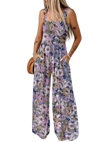 Dokotoo Womens Overalls Purple Jumpsuits for Women Casual Loose Fit Solid Color Wide Leg One Piece Sleeveless Jumpsuit Printed Long Pant Rompers with Pockets Medium - Image 1