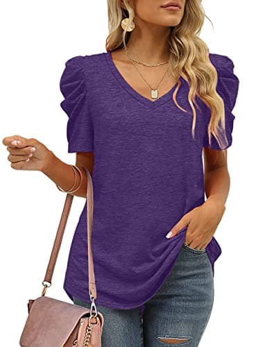 XIEERDUO Cute Tops for Women Trendy Puff Sleeve Shirts Curved Hem Solid Color Chic M - Image 2