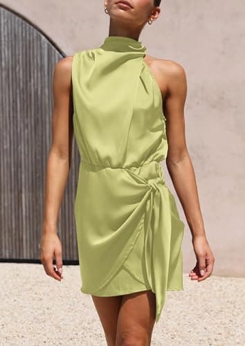 PRETTYGARDEN Women's Short Formal Satin Dress Summer Sleeveless Mock Neck Tie Waist Cocktail Party Dresses (Tender Green,Small) - Image 5
