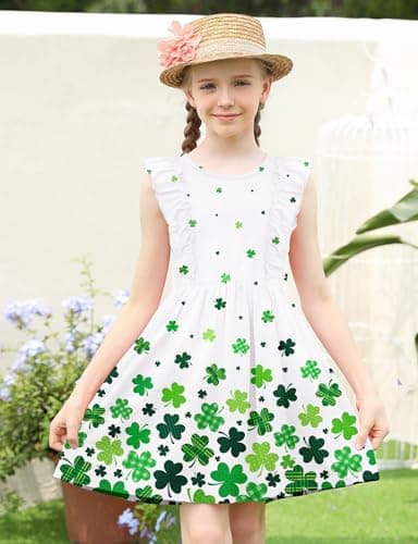 Toddler St Patricks Day Dress 6T 7T Saint Patricks Irish Dress Size 6 7 Green Ruffle Summer Dress Cute Sleeveless Sundress Family Matching Outfits for Casual School Party - Image 2