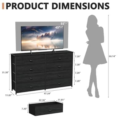 Furnulem Wide Dresser with 8 Fabric Drawers, TV Entertainment Center with Storage for 55'' TV, Large Chest of Drawers for Bedroom, Living Room, Dorm, Closet, Entryway, Wood Top (Black Oak) - Image 3