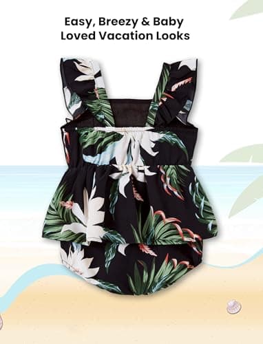 PATPAT Matching Family Floral Outfits - Mommy and Me Hawaiian Dress Matching Set Tropical Palm Newborn Dress Leaf Print Halter Neck Romper Dress Black Flower Baby Girl 9-12 Months - Image 4