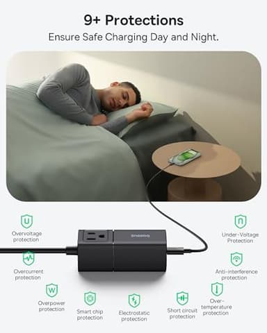 Baseus Charging Station 67W, 5 in 1 Detachable Travel Power Strip USB C Fast Charger, 5ft Flat Extension Cord with 2 AC Outlets, Portable Charger for MacBook Pro, iPhone, Cruise Travel Essentials - Image 8