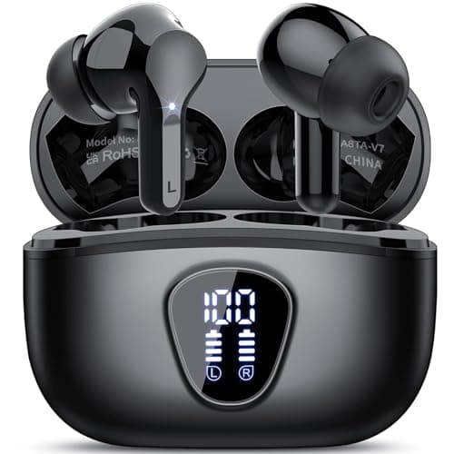 Wireless Earbuds, Bluetooth 5.4 Headphones HiFi Stereo, Bluetooth Earbuds with ENC Noise Cancelling Mic, IP7 Waterproof in Ear Earphones, 48H, LED Display Ear Buds for Pad Workout Sports, Black - Image 1