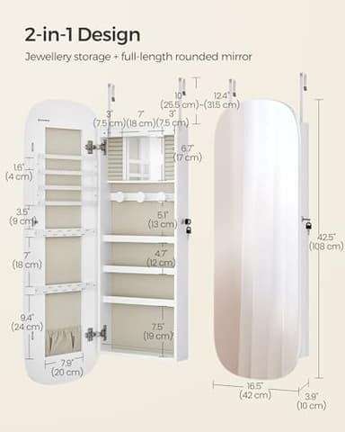 SONGMICS Jewelry Organizer, LED Jewelry Cabinet Wall/Door Mounted, Lockable Rounded Wide Mirror with Storage, Interior Mirror, 3.9 x 16.5 x 42.5 Inches, White Surface with Greige Lining - Image 6