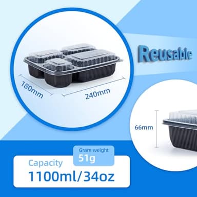 YANGRUI Meal Prep Container with Lid 40 Pack 34 oz - Reusable 4 Compartment Quad Seal Leak Defense Food Containers | BPA Free Flexible PP Plastic | Shrink Wrap Microwave & Dishwasher Safe Takeout Box - Image 3