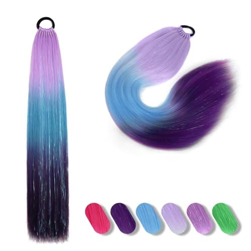 Newshair Colorful Ponytail Extension with Hair Tie, 26 inch Ombre Braid Ponytail Blend Hair Tinsel for Holiday Party Rainbow Festival(100g 1 Packs #Light Purple/Dark Green/Dark Purple) - Image 1