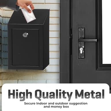 Metal Donation Box-Suggestion Box with Slot and lock-Cash Lock box for Money-Secure Drop Box-Comment and ballot voting box-comes with pre-drilled holes for easy wall mounting 10 X 6 X 2.5"(Black) - Image 2