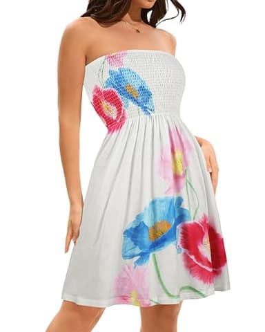 elescat Summer Dresses for Women Strapless Casual Beach Cover Ups Tube Top Sundress（White Lotus, L - Image 3
