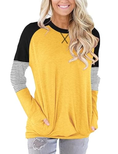 onlypuff Long Sleeve Tops for Women Yellow Pocket Shirts Cute Casual Fall Tunic Tops 2025 Sweatshirt M - Image 3