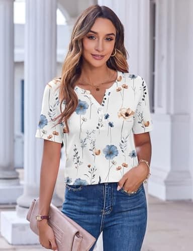 Zeagoo Dressy Tops for Women Short Sleeve Summer Outfits Loose Fit V Neck T Shirts Fall Dressy Blouses Floral White - Image 2