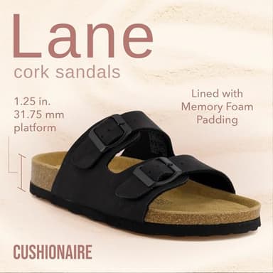 CUSHIONAIRE Lane Cork Footbed Sandals for Women – Comfortable Double Buckle Slip-On with Genuine Suede Footbed & Arch Support Slides for Women Footwear, BLACK 9 - Image 2