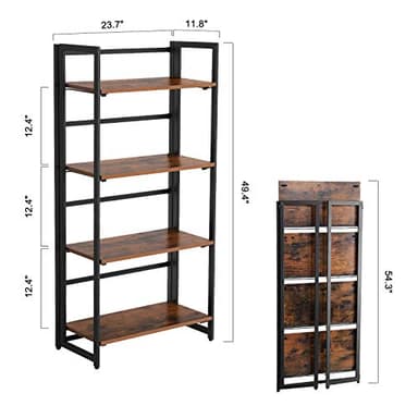 VASAGLE Industrial Bookshelf, Folding Bookcase, 4-Tier Ladder Shelf, Wood Look Accent Furniture with Metal Frame, for Home Office Sturdy and Stable ULLS88X - Image 3