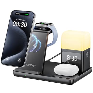 CESDAP 6 in 1 Wireless Charging Station for Apple Charging Station for Multiple Devices with Alarm Clock and Night Light nightstand for iPhone 16 15 14 13 for Apple Watch Best Gift for Your Loved Ones - Image 1
