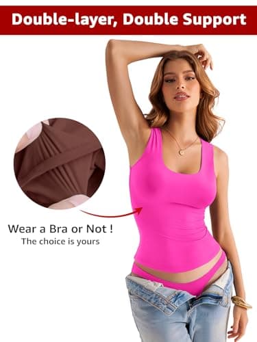 EasyGala Womens Double Lined Scoop Neck Tank Tops Basic Slim Fit Sleeveless Shirts Y2K Summer Going Out Outfits Hot Pink Medium - Image 3