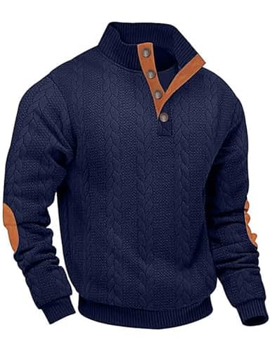 QOSOQ Men's Cable Knit Pullover Sweater Casual Long Sleeve Stand Collar Quarter Button Knitted Sweatshirts Quilted Sweatshirt Navy - Image 1