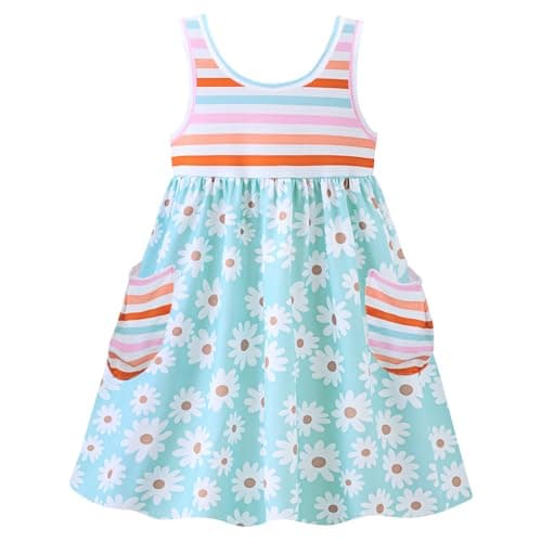 Vieille Summer Sleeveless Dress for Girls Cute Sky Daisy Print Casual Dresses Blue Flower One Piece Outfits with Pockets Size 3-4 Years - Image 1
