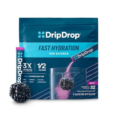 DripDrop Hydration Packets - Berry - Single Serve Electrolytes Powder Drink Mix - Non-GMO, Gluten Free, Vegan - 32 Sticks - Image 1