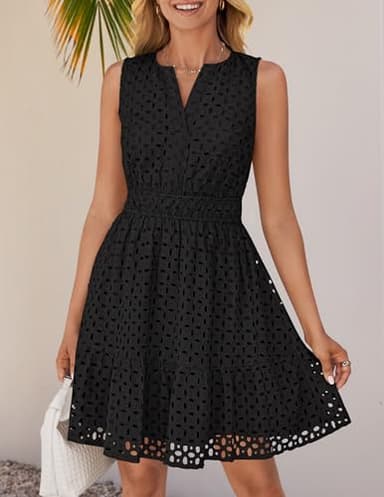 ZESICA Women's Summer Sleeveless Mini Dress V Neck Hollow Out Eyelet High Waist A Line Swing Short Party Dresses,Black,Medium - Image 8