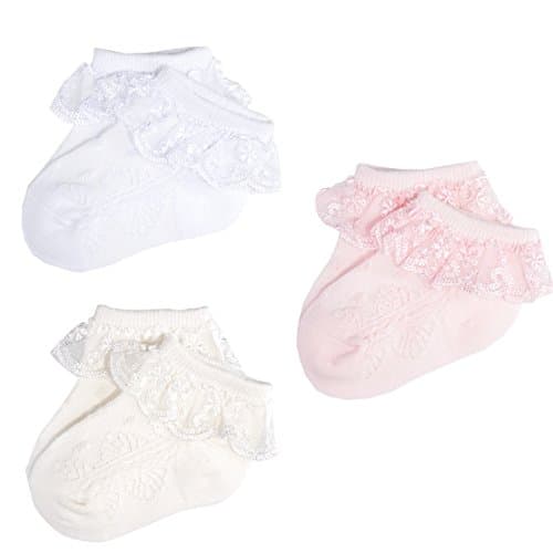 EPEIUS 3 Pair Baby-Girls Eyelet Frilly Lace Socks Princess Ankle Socks White/Pink/Ivory 12-24 Months,Toddler Shoe Size 5-9 - Image 1
