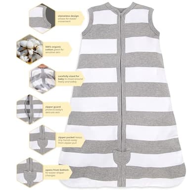 Burt's Bees Baby Baby Beekeeper Wearable Blanket, 100% Organic Cotton, Swaddle Transition Sleeping Bag, Rugby Stripe Heather Grey, Large - Image 3