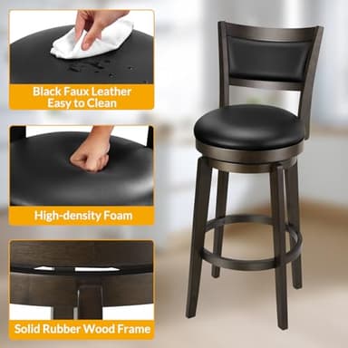 PrimeZone Swivel Bar Stools Set of 4, 26 Inch Counter Height Barstools, Black Faux Leather Bar Stool with High Backrest & Solid Wood Legs & Wrap-around Footrest, Counter Stools for Kitchen Island, Pub - Image 6
