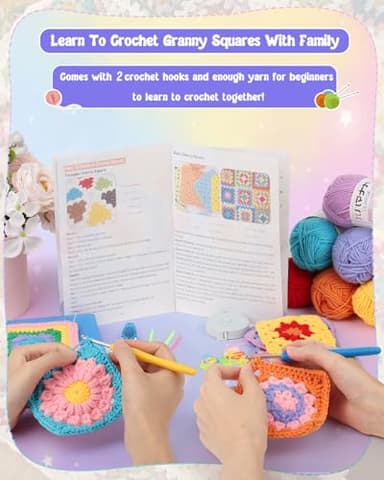 Coopay Crochet Kit Beginners for 6 Types Granny Squares, Starter Knitting Kit with Instructions & 8PCS Yarn, Crochet Start Kit for Adults Learn to Crochet Granny Square Coasters, Table Runners, ect - Image 3