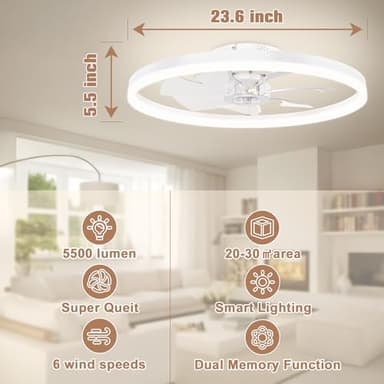 VOLISUN Low Profile Ceiling Fans with Light and Remote,23.6in Modern Bladeless Ceiling Fan with Lights,3000K-6500K Dimmable Flush Mount LED Fan Light,White Fandelier Ceiling Fans for Bedroom - Image 6