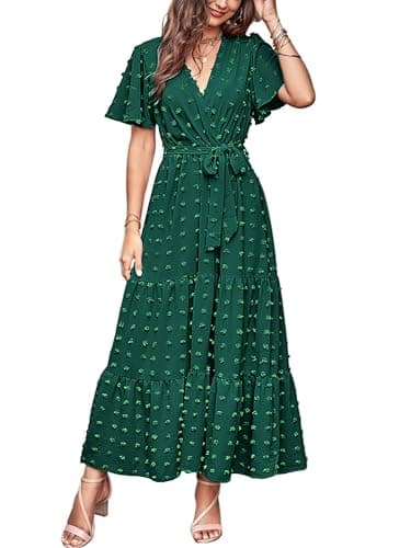 MASCOMODA Womens Boho Swiss Dot Maxi Dresses Wrap V Neck Flutter Short Sleeve Solid Tie Belt A Line Tiered Flowy Long Dress(Dark Green,Small) - Image 1