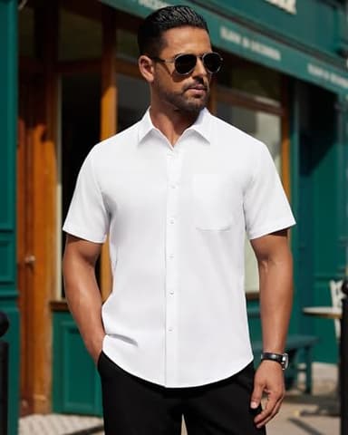 Alimens & Gentle Mens Short Sleeve Dress Shirt Wrinkle Free Solid Casual Button Down Shirts for Summer Business Wedding,White,XL - Image 3