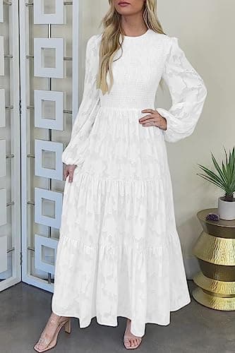 MITILLY Women's Elegant Floral Long Sleeve Round Neck Smocked A-Line Flowy Tiered Maxi Dresses with Pockets Large White - Image 6
