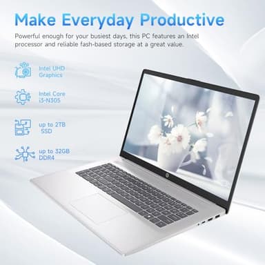 HP 17.3" Touchscreen Laptop, Intel Core i3-N305, 32GB RAM, 128GB eMMC + 2TB SSD, Numeric Keypad, Webcam, HDMI, Wi-Fi 6, Windows 11 Pro, Silver, Bundle with PCO Notebook Fold Radiator, Cooler - Image 2