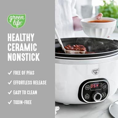 GreenLife 6QT Slow Cooker, Non-Toxic PFAS-Free Ceramic Nonstick Removable Interior Bowl, Programmable, Family Friendly, Keep Warm, Stovetop & Oven Safe, Dishwasher Safe Parts, Timer, Glass Lid, White - Image 2