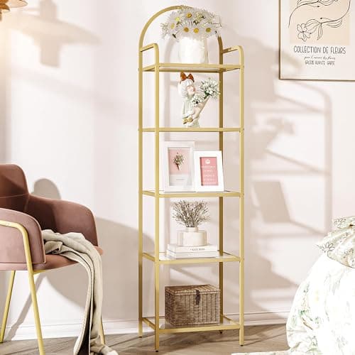 Hzuaneri Bookcase Bookshelf, Tempered Glass Bookshelves, Slim Shelving Unit for Bedroom, Bathroom, Home Office, Steel Frame, 5 Tier Gold BC05001G - Image 1