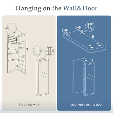 DUMOS 6 LEDs Mirror Jewelry Cabinet, Wall or Door Mounted Jewelry Organizer, 47.2-Inch Tall Lockable Large Capacity Cosmetic Storage, Gift Idea, White - Image 5