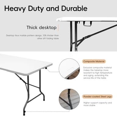 Folding Table 6FT HDPE 6 Foot Foldable Table Portable Banquet Surface Fold-in-Half Desk Utility for Working Meeting Parties, Picnic, Camping, Weddings, Catering, Garden Dining-White - Image 5