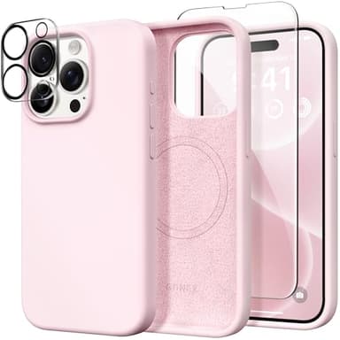 GONEZ for iPhone 15 Pro Max Case Silicone, Compatible with Magsafe, Camera Protector + Screen Protector, Soft Anti-Scratch Microfiber Lining, Liquid Silicone Shockproof Phone Cover, Chalk Pink - Image 1