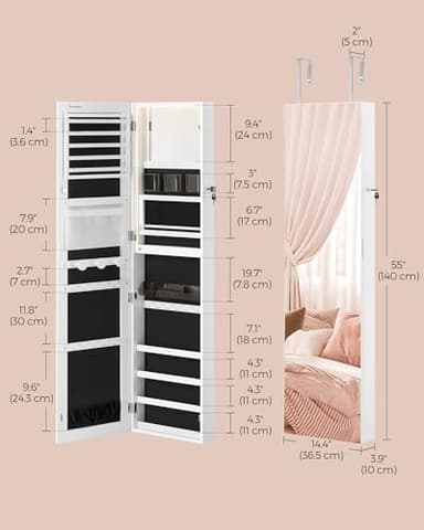SONGMICS 55 Inches Tall Spacious Jewelry Cabinet, Jewelry Armoire with Light-Up Interior Mirror, Wall or Door Mounted Jewelry Storage Organizer, Lockable, Gift Idea, Cloud White UJJC032W01 - Image 6